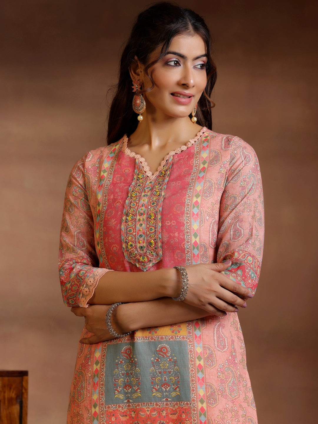 Peach Printed Cotton Blend Straight Suit With Dupatta