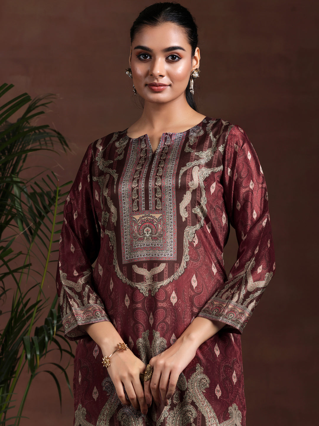 Brown Printed Silk Blend Straight Suit With Dupatta