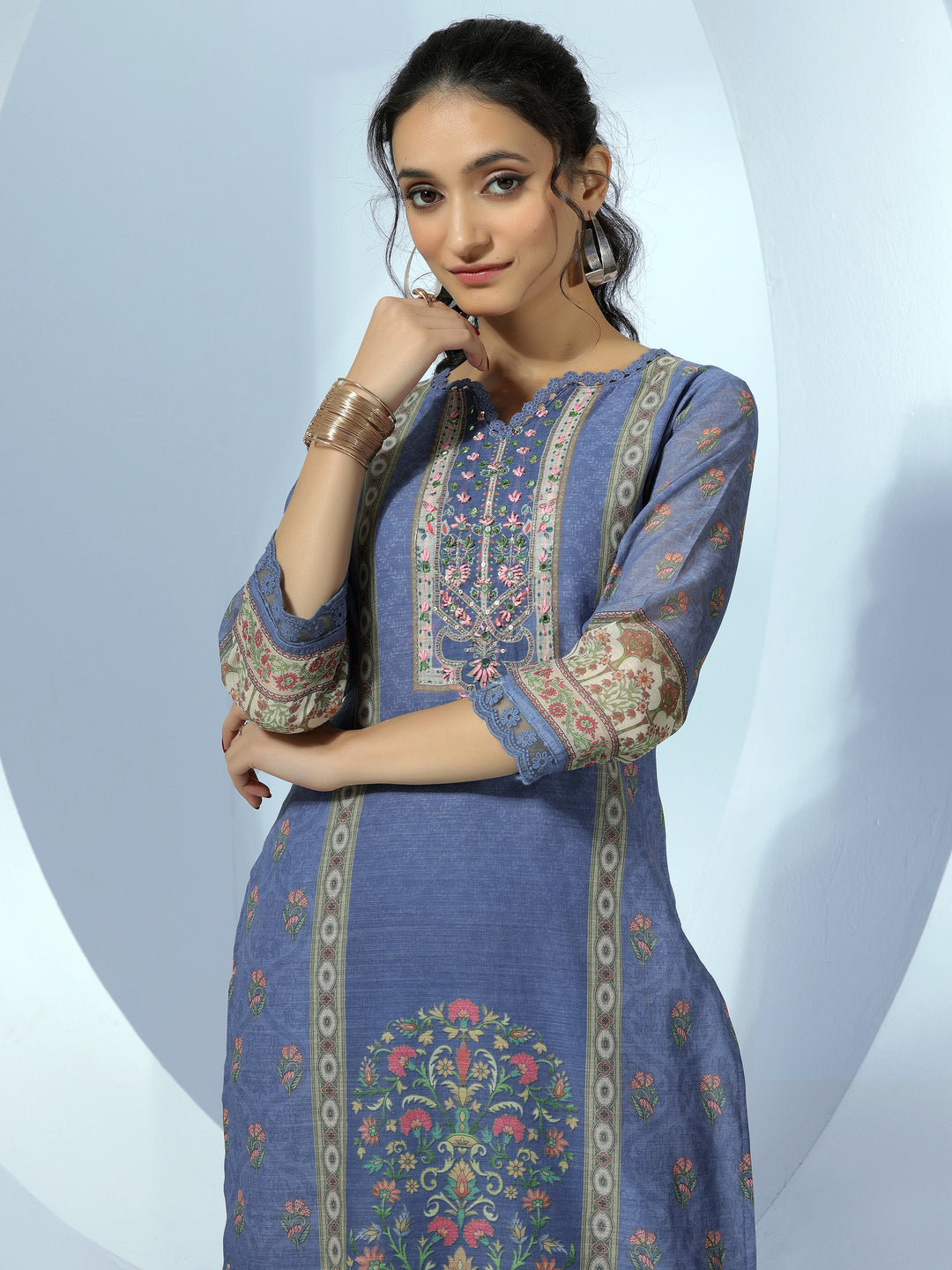 Blue Printed Cotton Blend Straight Suit With Dupatta