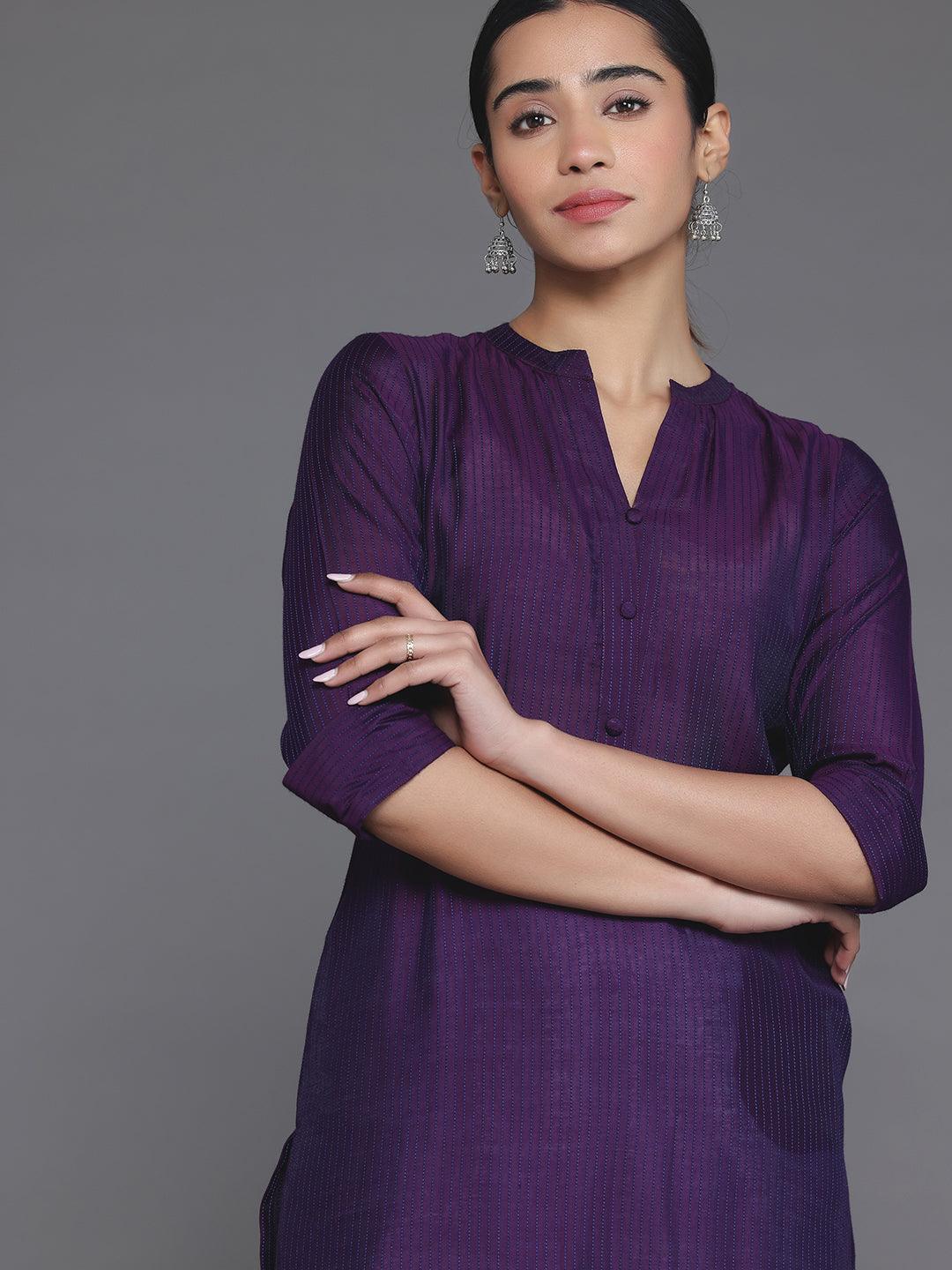 Purple Woven Design Silk Straight Kurta
