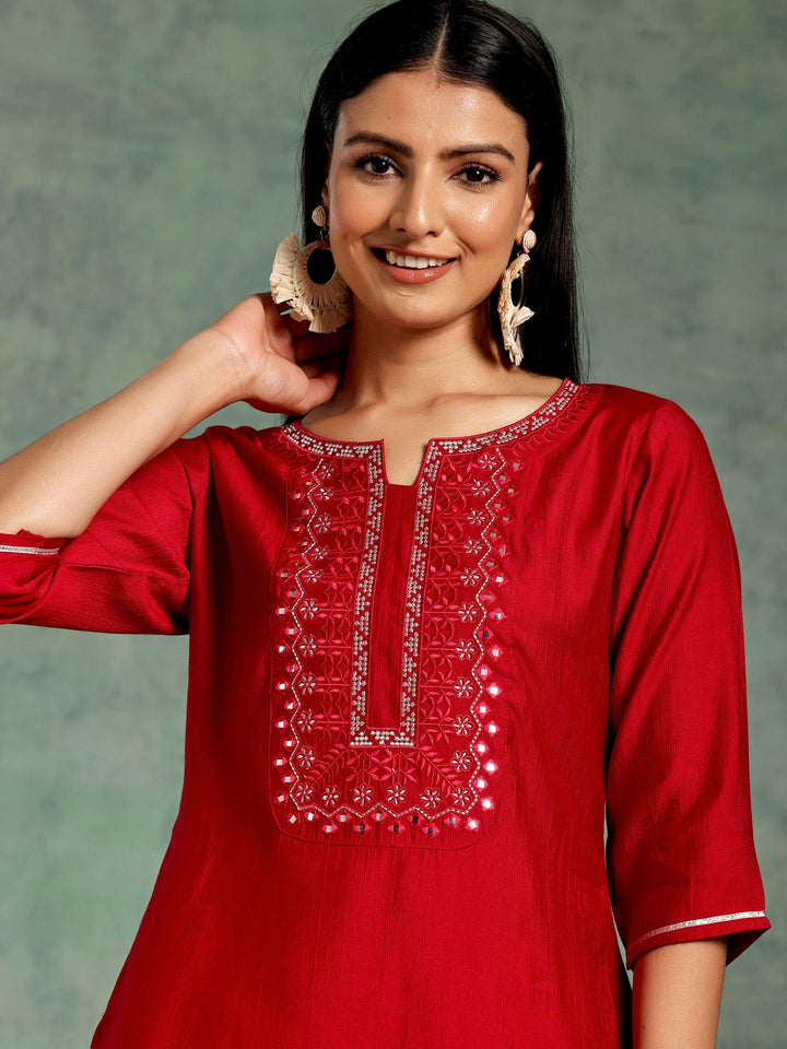 Hot Pink Yoke Design Silk Blend Straight Kurti