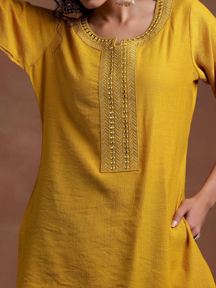 Mustard Self Design Cotton Blend Kurti
