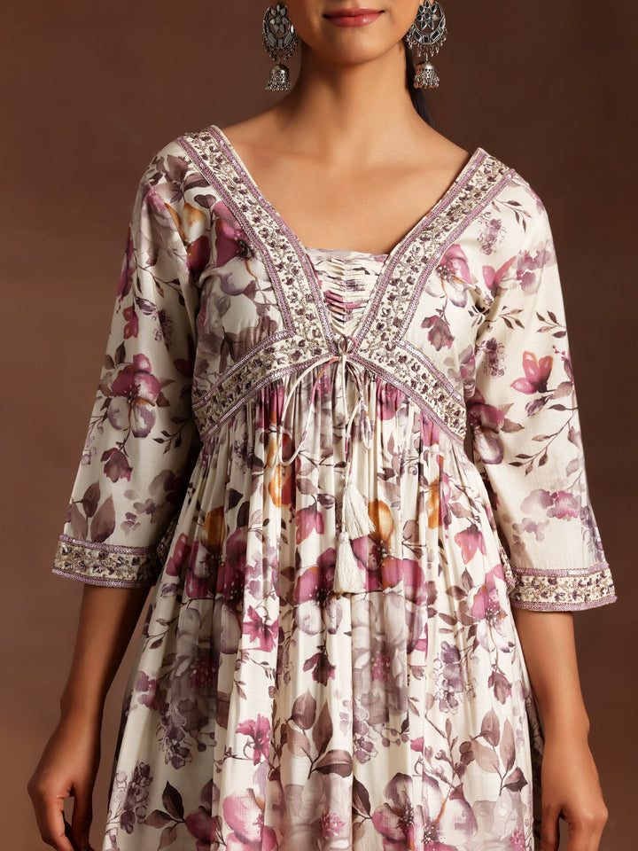 Off White Printed Silk Blend A-Line Kurta With Palazzos & Dupatta