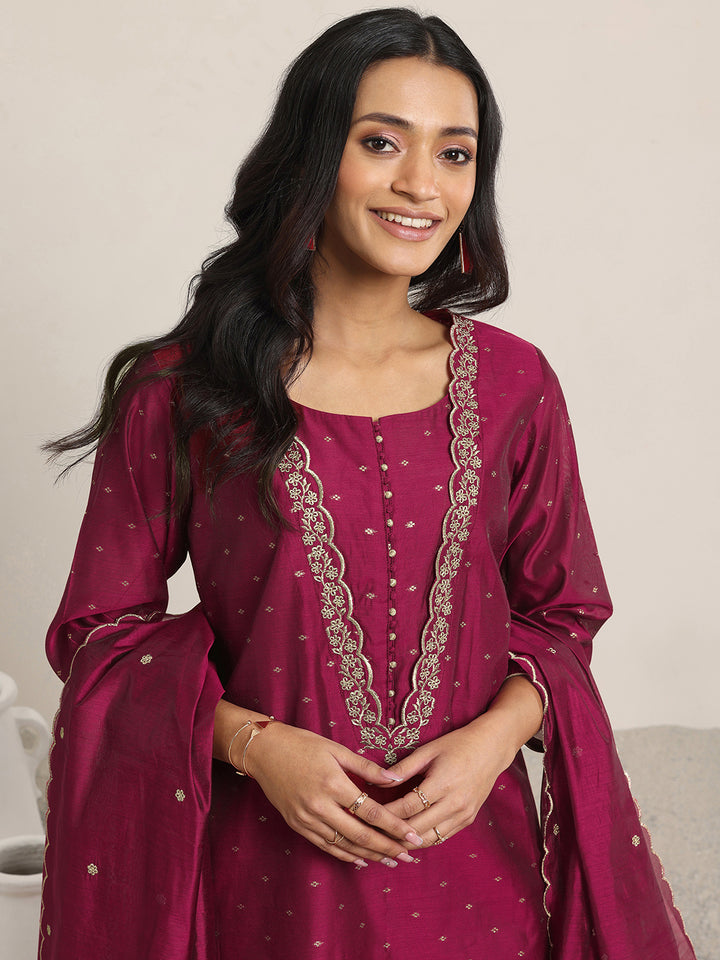 Maroon Woven Design Chanderi Silk Straight Suit With Dupatta