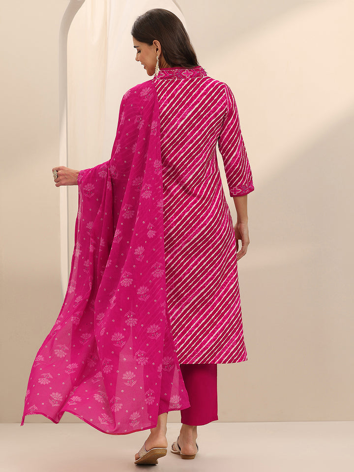 Pink Printed Cotton Straight Suit Set With Dupatta