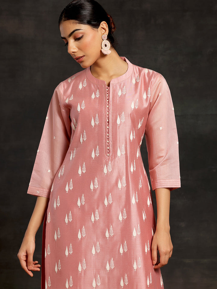 Peach Embroidered Chanderi Silk Straight Suit With Dupatta