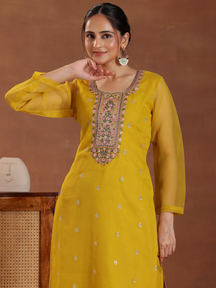 Mustard Embroidered Organza Straight Suit With Dupatta