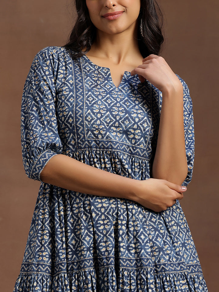 Blue Printed Cotton A-Line Dress