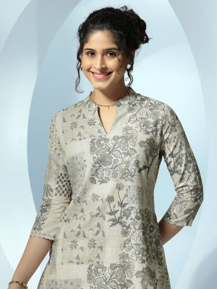 Off White Printed Cotton Blend Straight Kurti