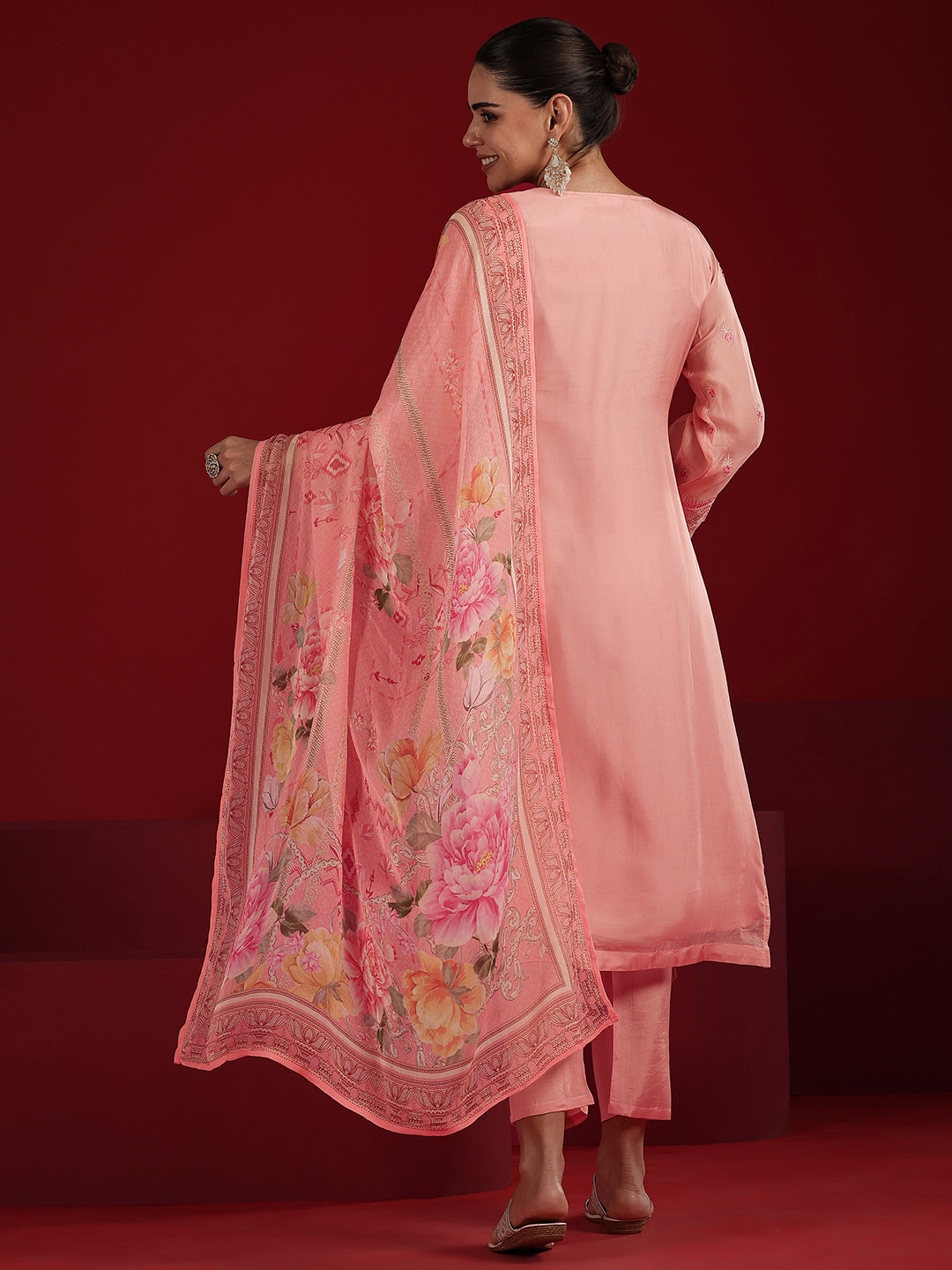 Libas Art Peach Embroidered Organza Straight Suit Set With Dupatta