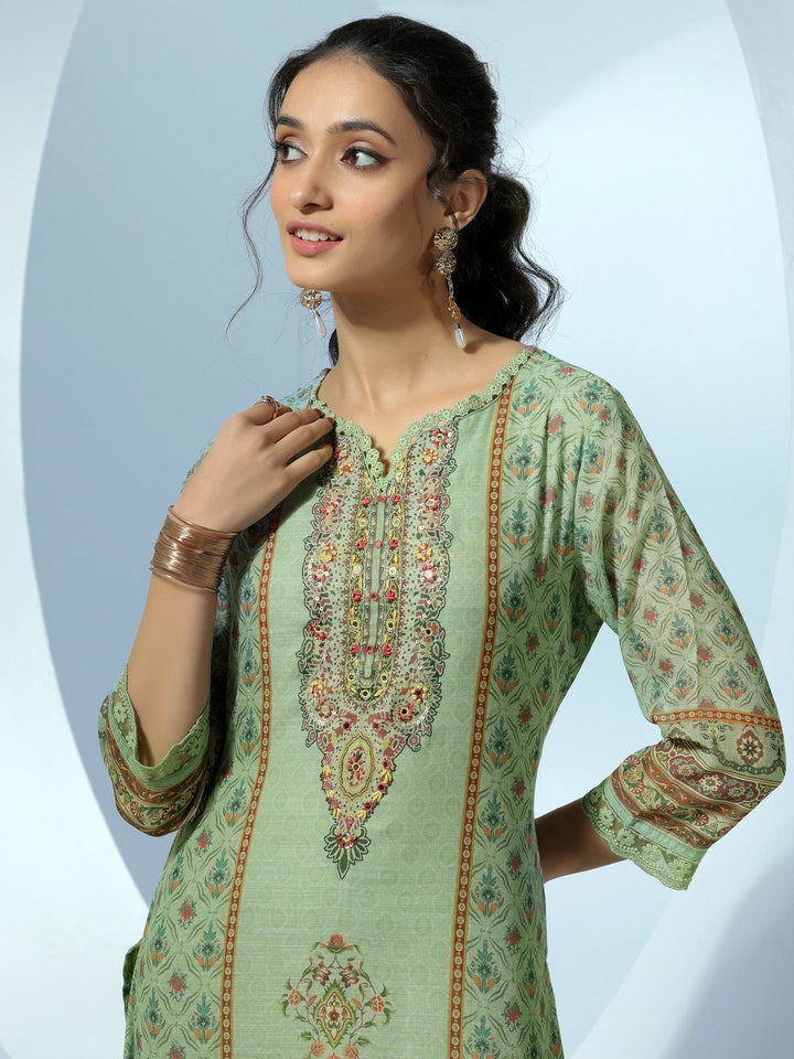Green Printed Cotton Blend Straight Suit With Dupatta