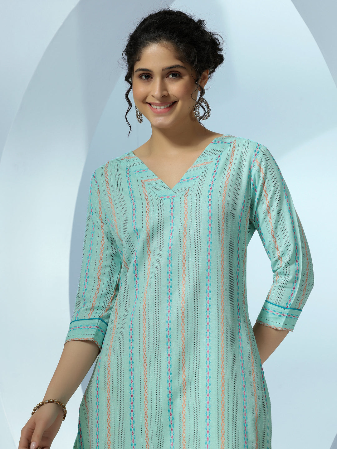 Sea Green Woven Design Cotton Straight Kurta