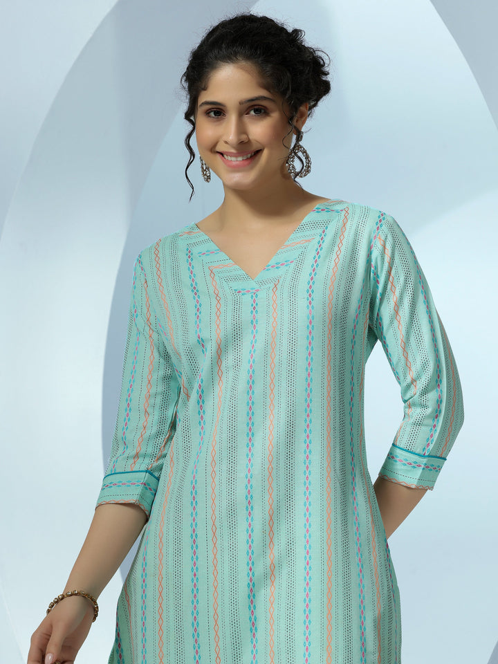 Sea Green Woven Design Cotton Straight Kurta