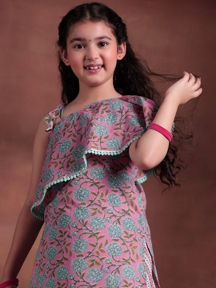 Kids Pink Printed Cotton Straight Kurta With Dhoti Pants & Dupatta