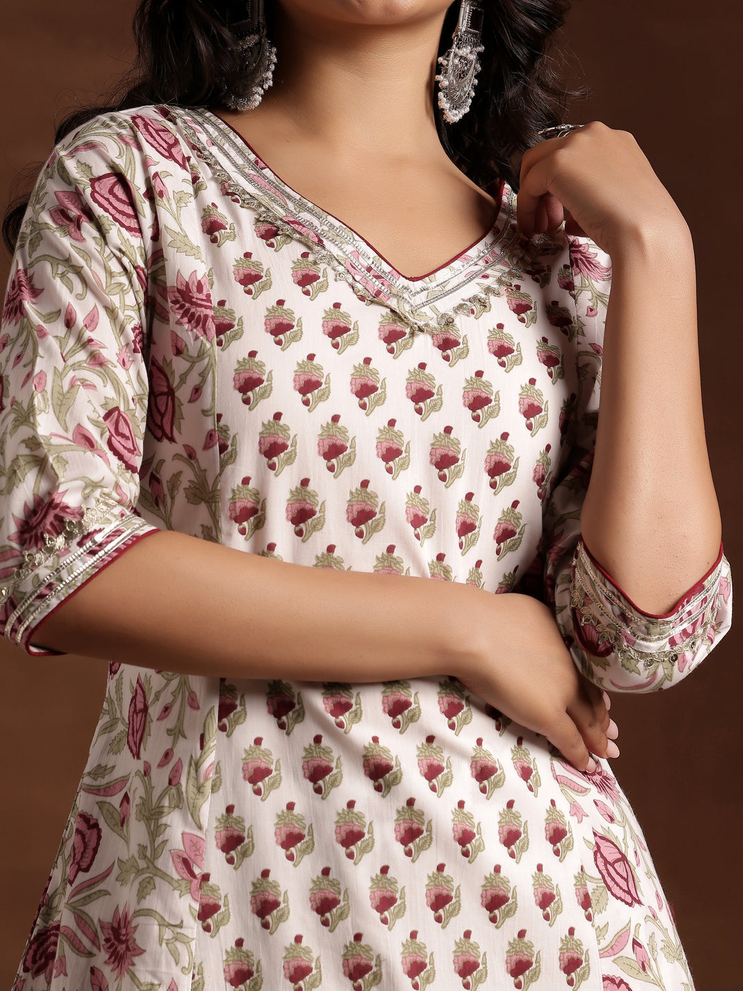 Off white Printed Cotton A-Line Kurta With Palazzos