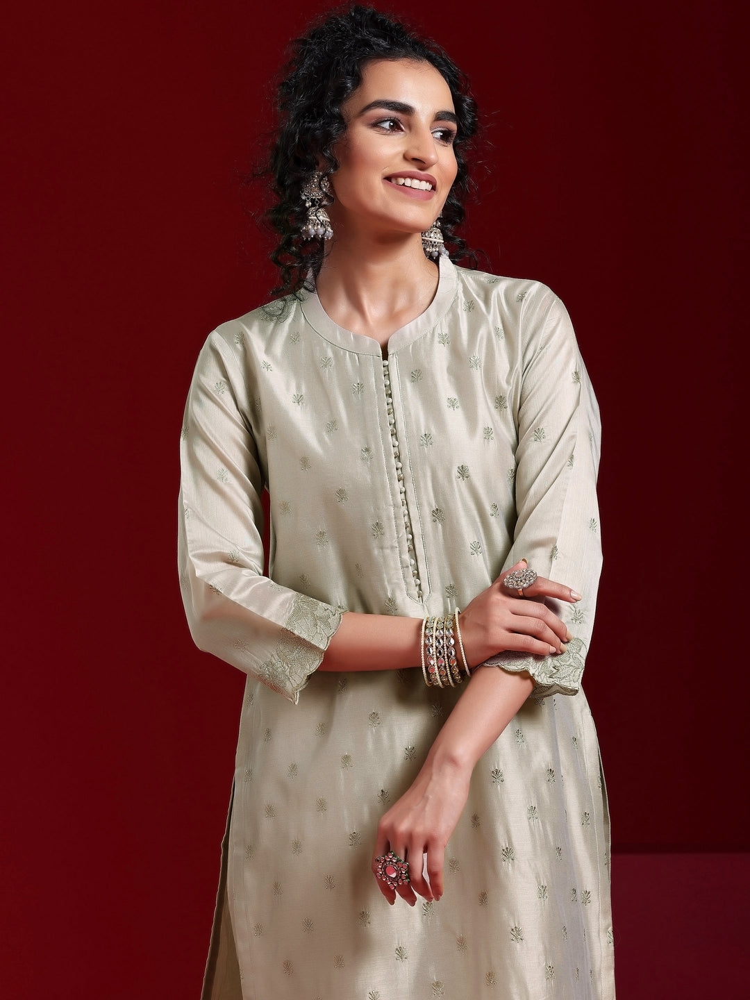 Libas Art Grey Embroidered Chanderi Silk Straight Suit With Dupatta