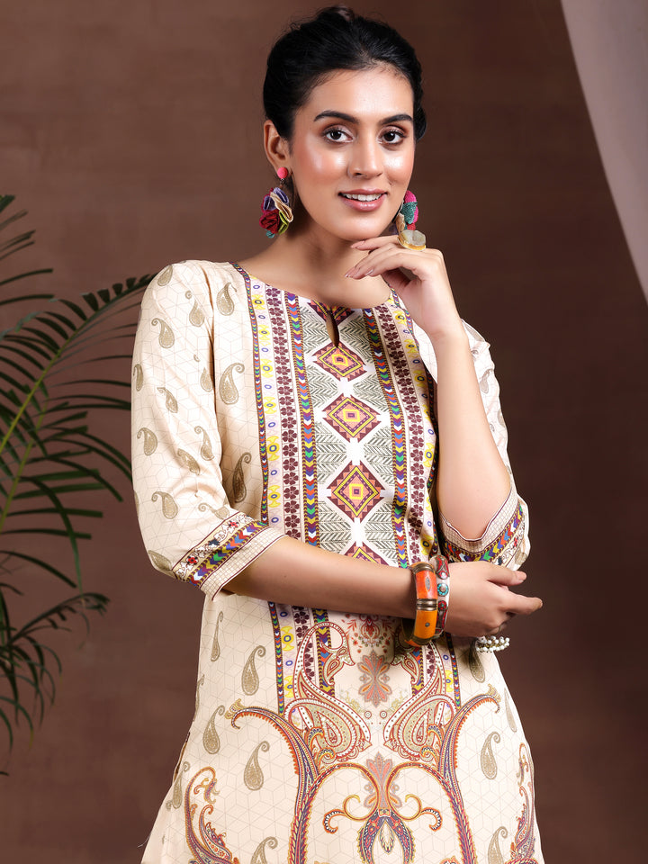 Beige Printed Poly Crepe Straight Kurta Set