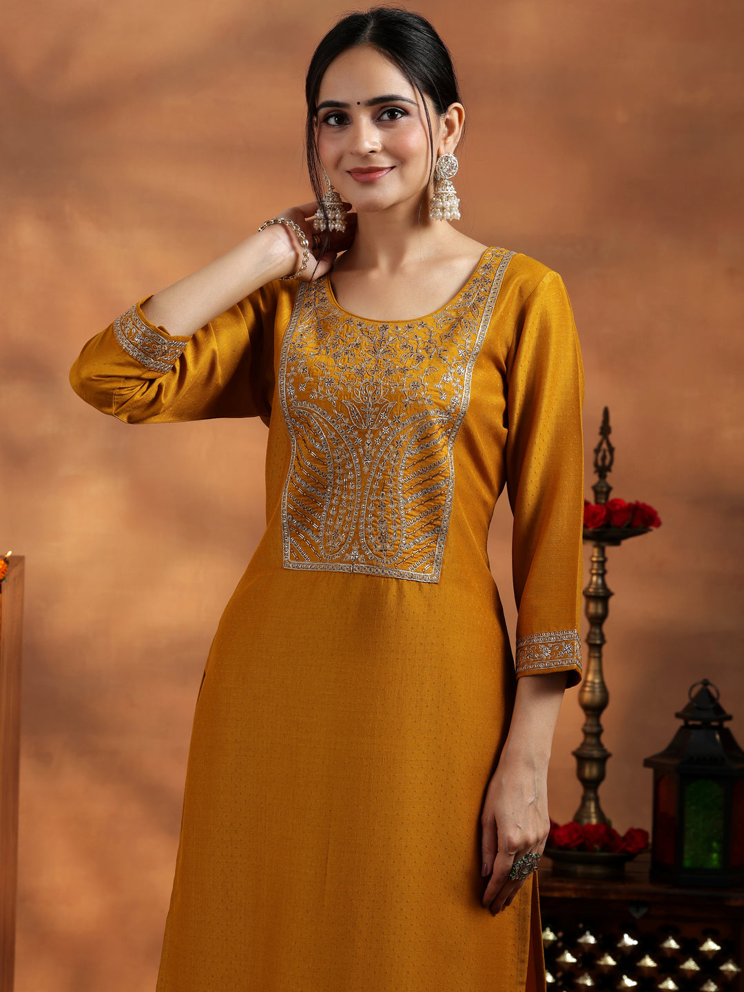 Mustard Embroidered Silk Blend A-Line Kurta With Trousers & Dupatta