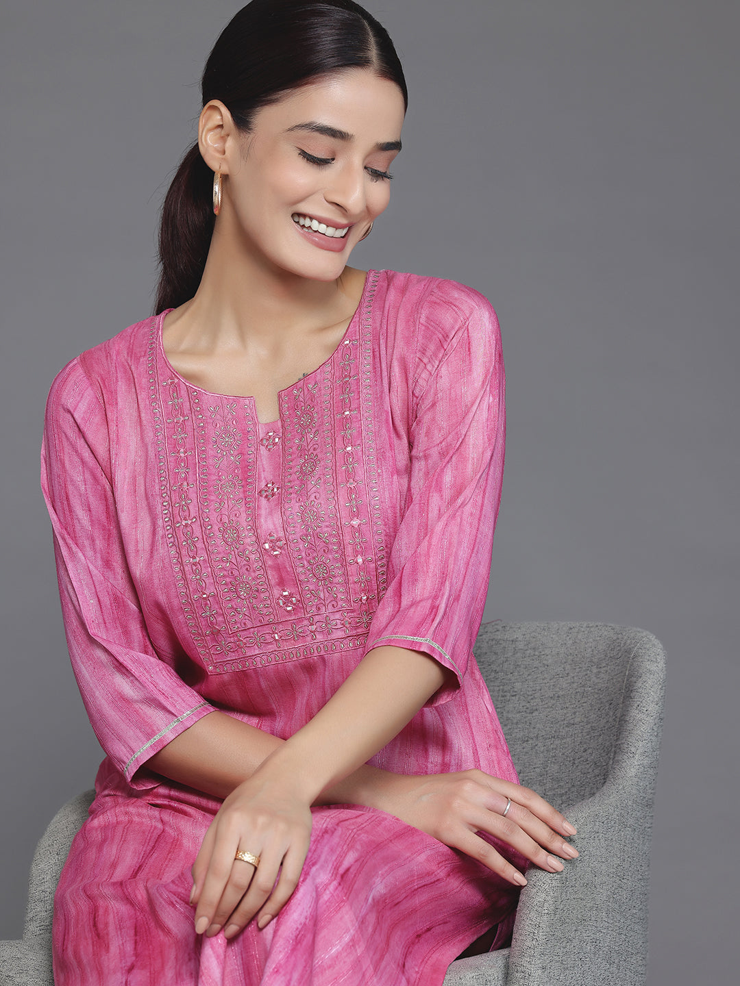 Pink Yoke Design Cotton Straight Kurta