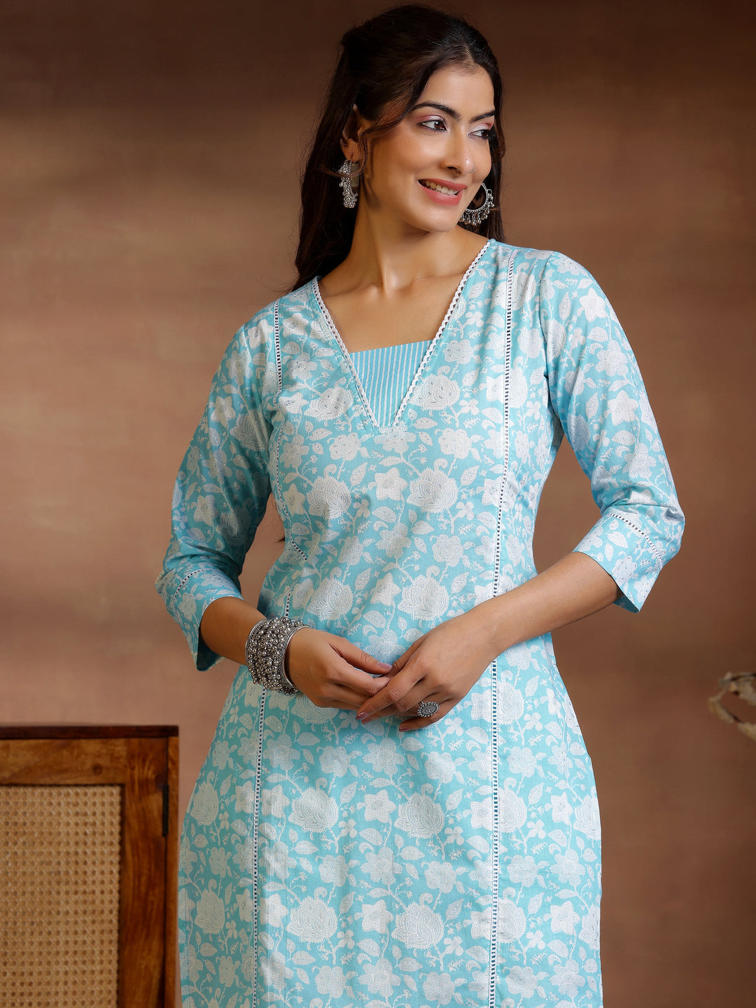 Blue Printed Cotton Straight Kurta Set