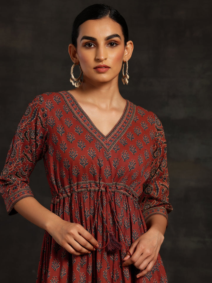 Maroon Printed Cotton A-Line Dress