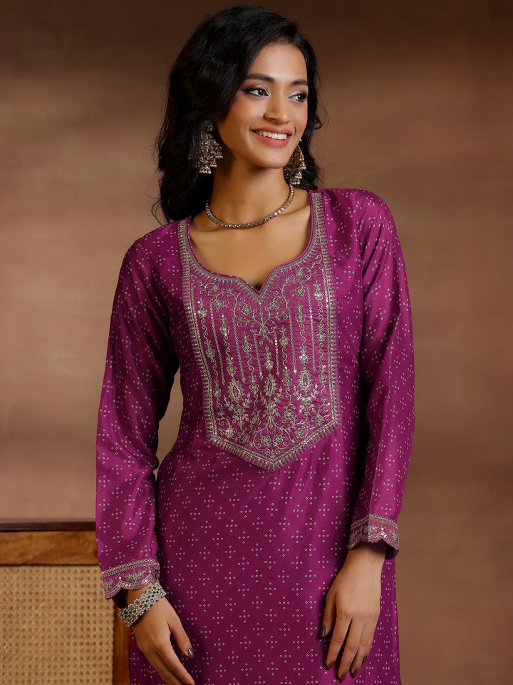 Wine Printed Silk Blend Straight Suit With Dupatta