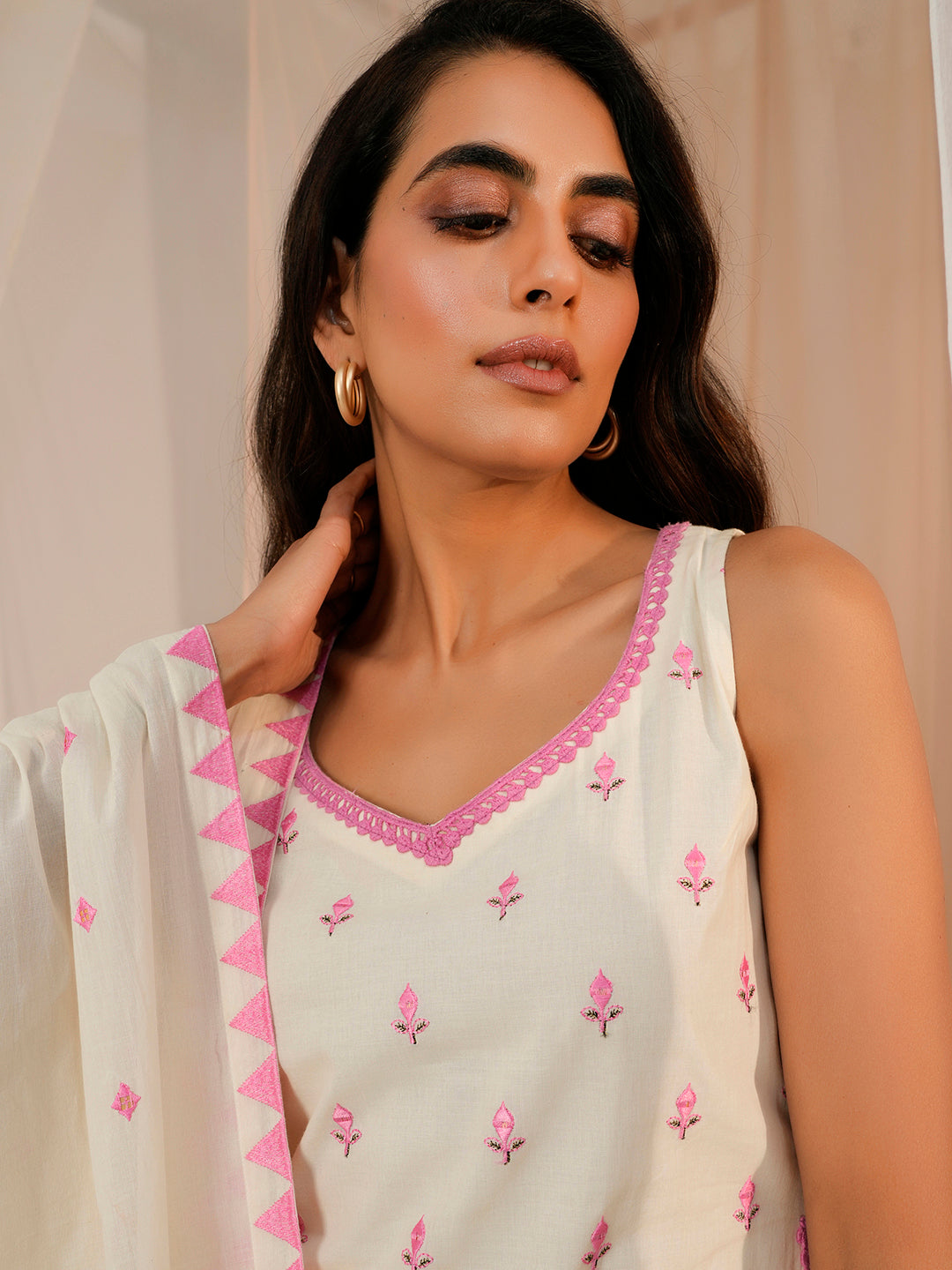 Off White Embroidered Cotton Straight Suit With Dupatta