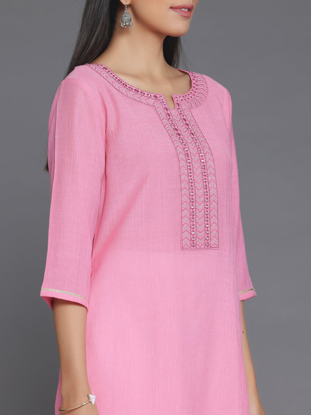 Pink Yoke Design Cotton Straight Kurta