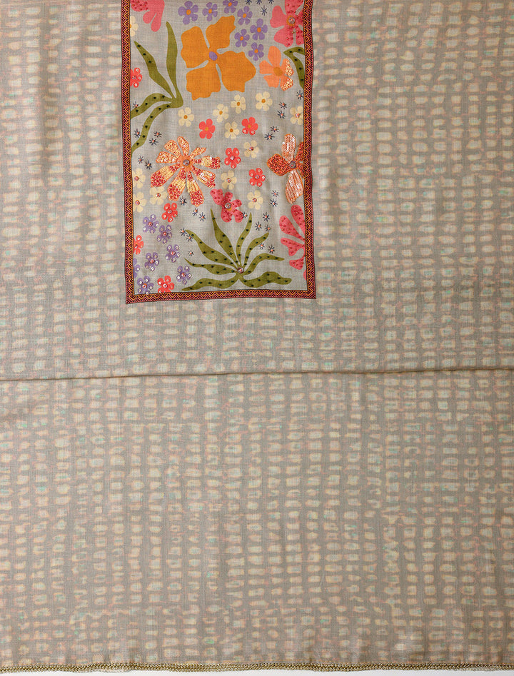 Grey Printed Cotton Blend Dress Material With Dupatta