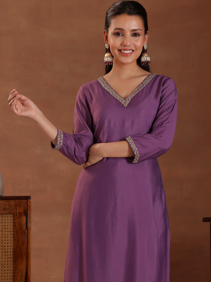 Purple Solid Silk Blend Straight Suit With Dupatta