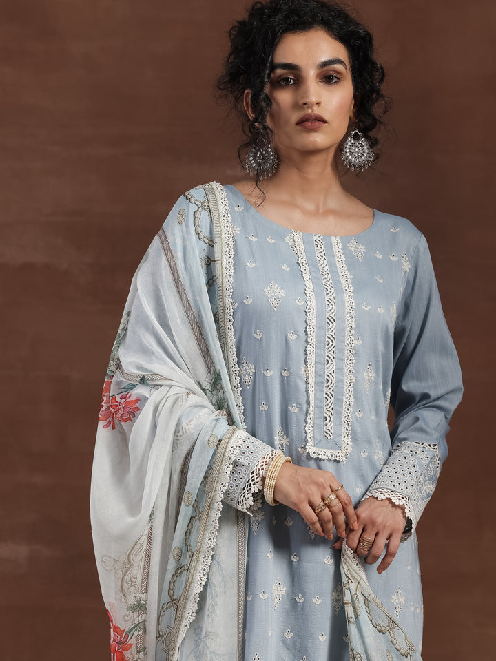 Blue Embroidered Silk Blend Straight Suit With Dupatta