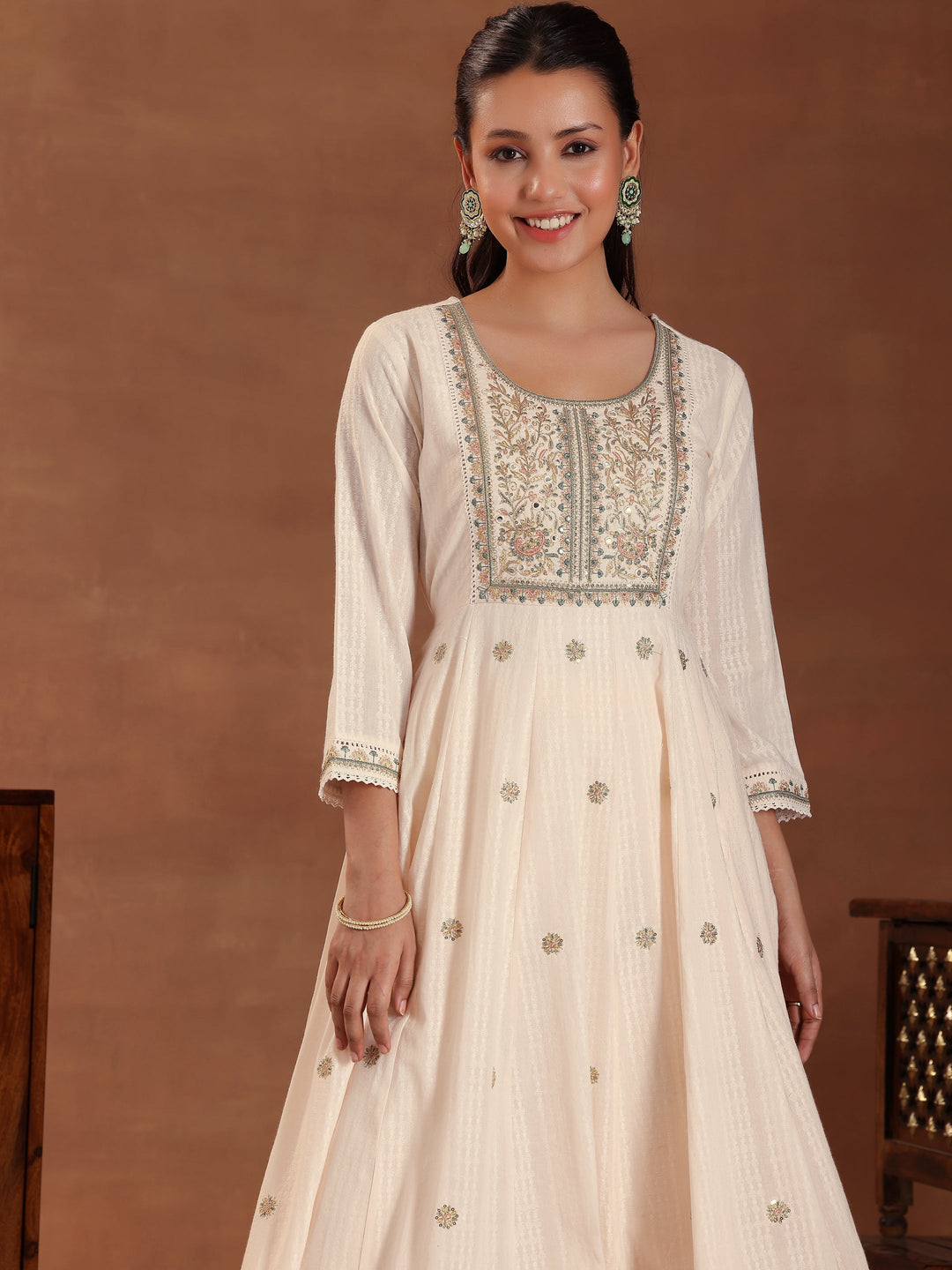 Peach Embroidered Pure Cotton A-line Kurta With Trouers & Dupatta