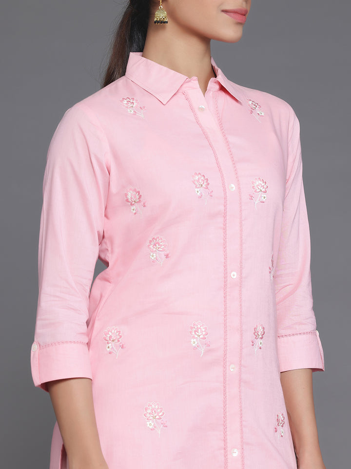 Pink Embroidered Cotton Straight Kurta