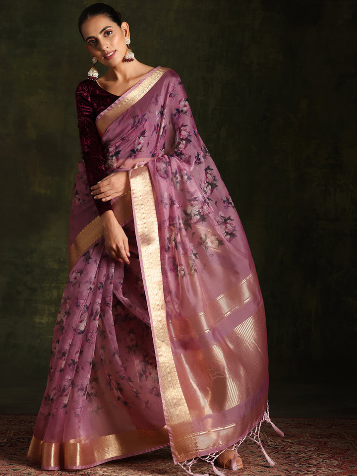 Purple Printed Organza Saree With Unstitched Blouse Piece