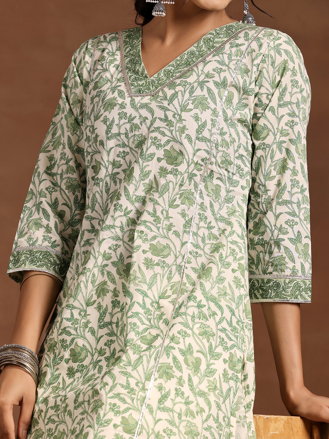 Green Printed Cotton Straight Kurta