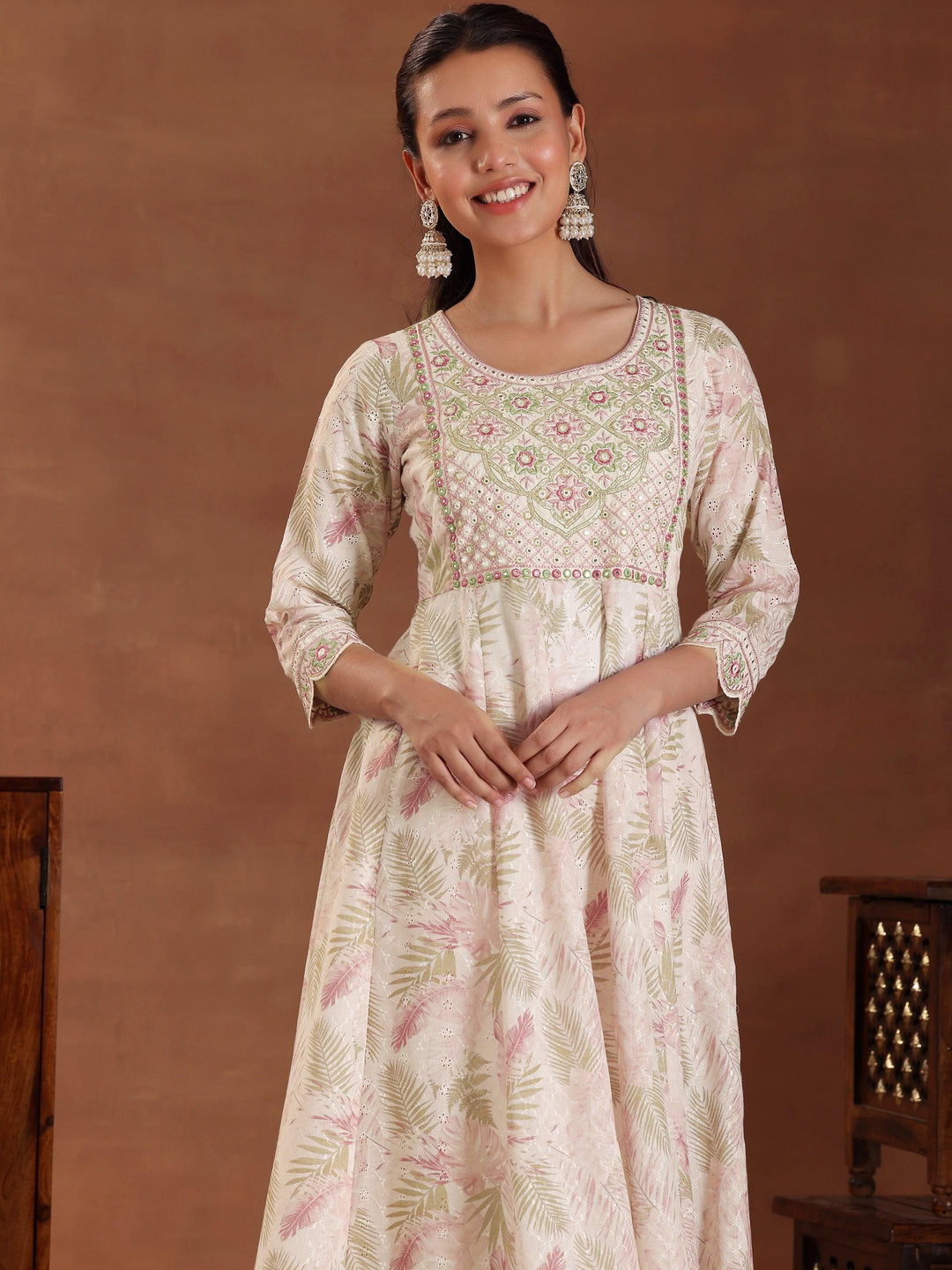 Pink Embroidered Pure Cotton A-line Kurta With Trousers & Dupatta