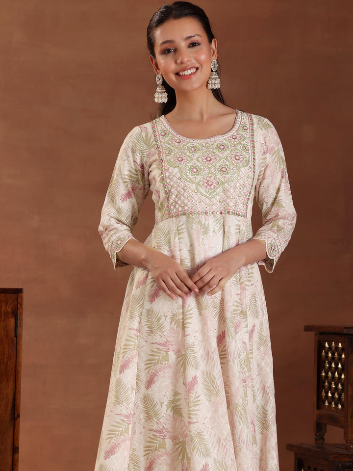Pink Embroidered Pure Cotton A-line Kurta With Trousers & Dupatta
