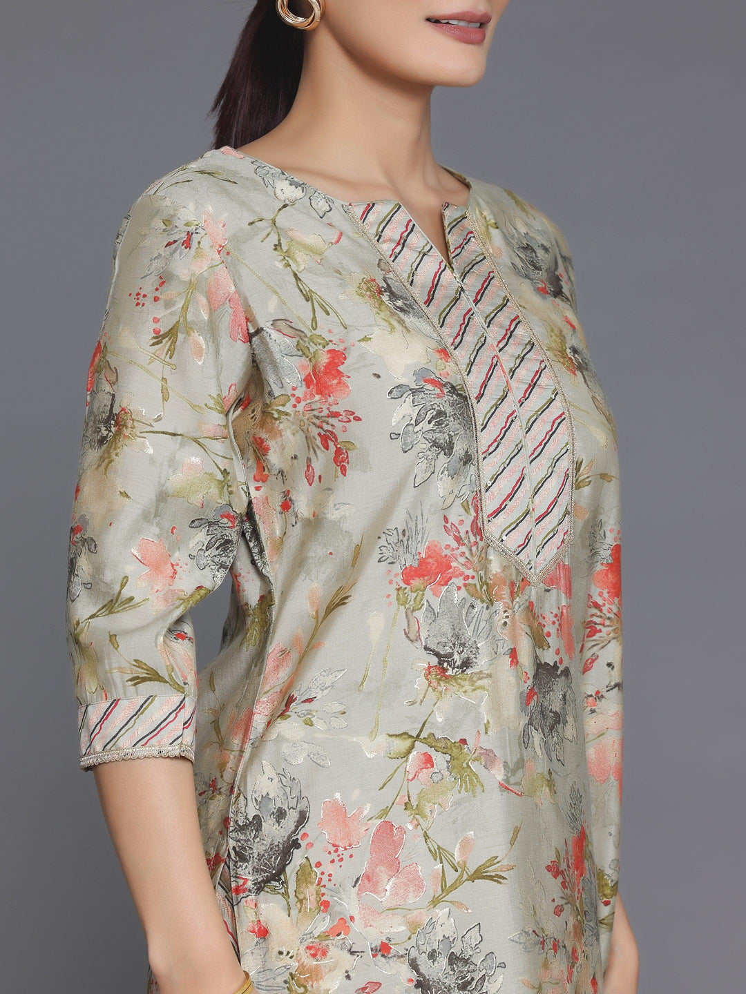 Grey Printed Silk Blend Straight Kurta Set