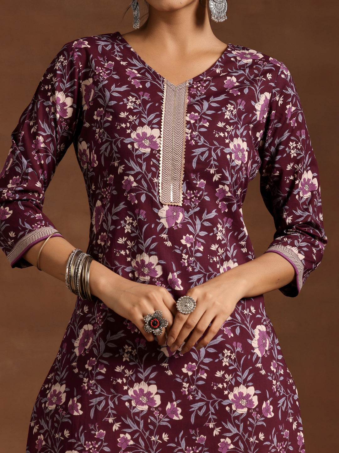 Wine Printed Cotton Straight Kurta Set