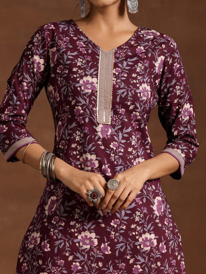 Wine Printed Cotton Straight Kurta Set