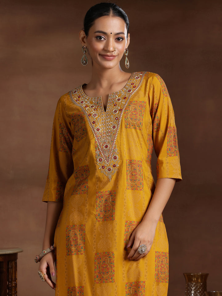 Mustard Printed Silk Blend Straight Suit With Dupatta