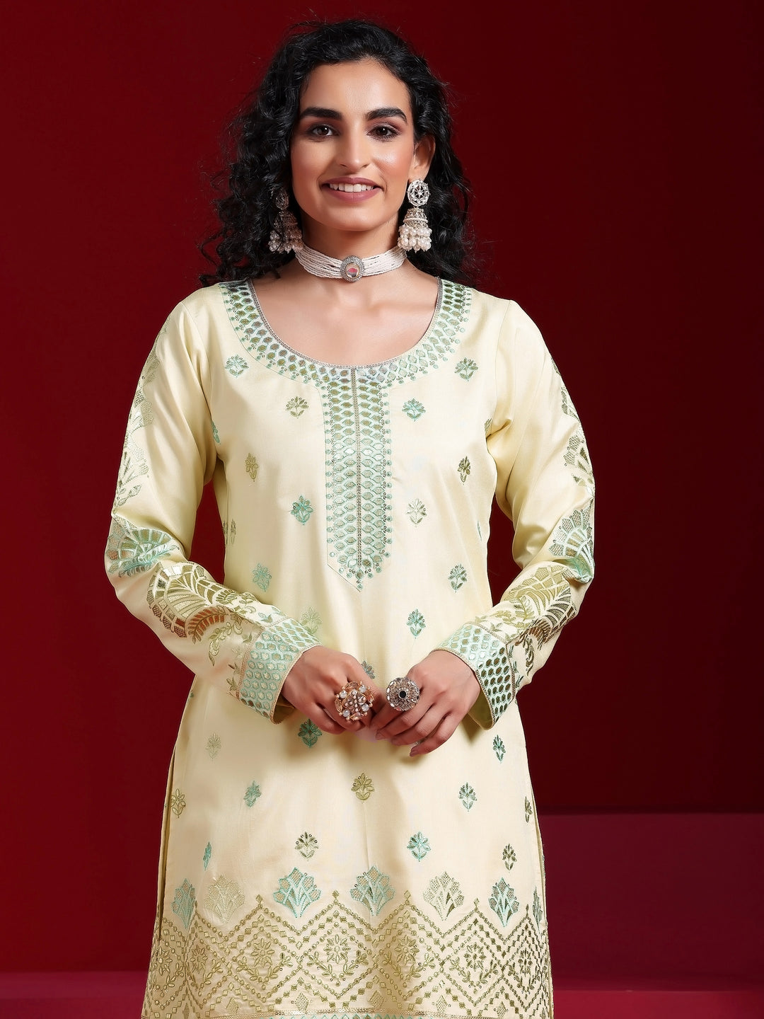Libas Art Beige Embroidered Silk Blend Straight Suit With Dupatta