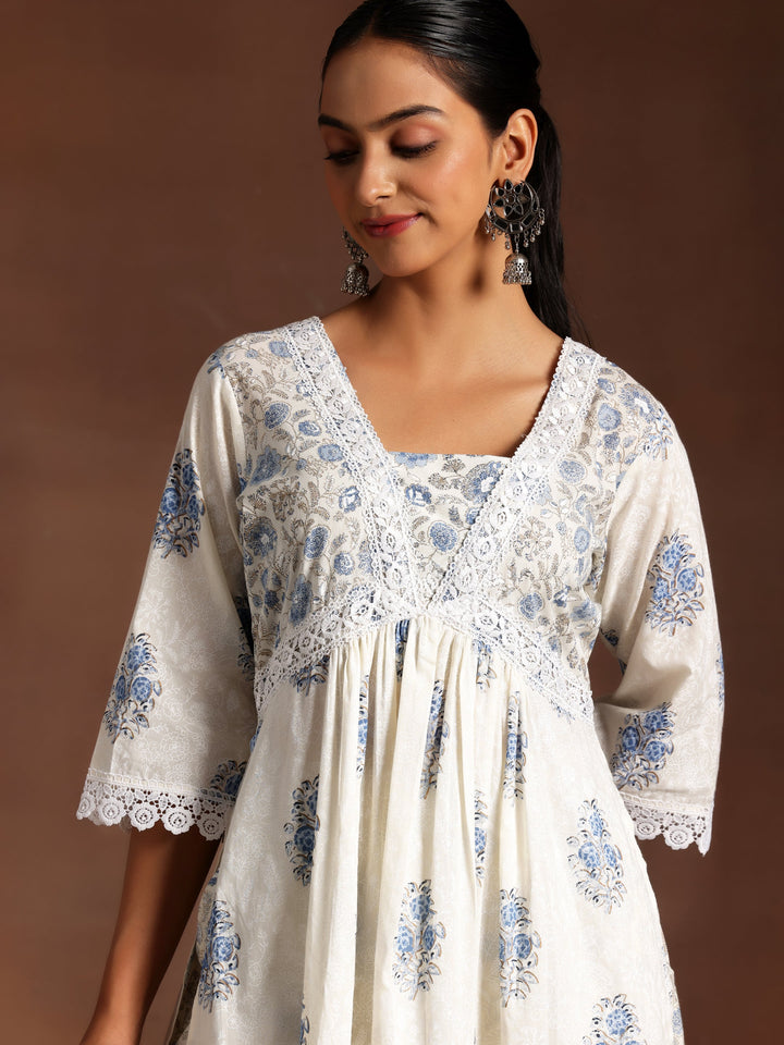 Falak White Printed Cotton A-Line Kurta With Salwar & Dupatta