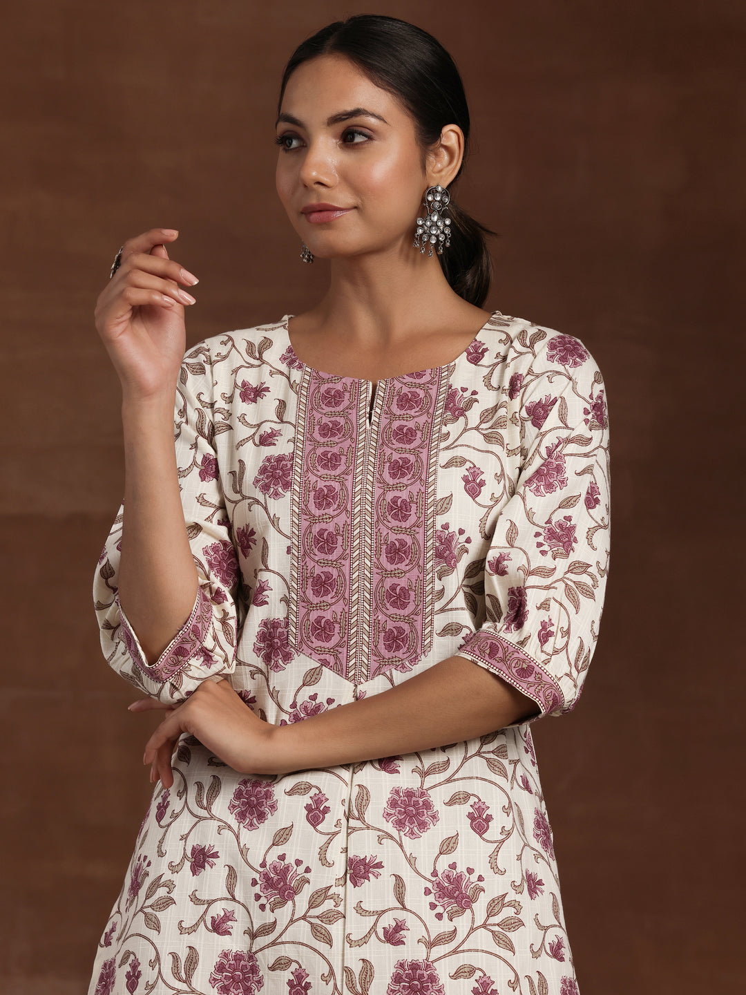 Beige Printed Cotton Straight Kurta