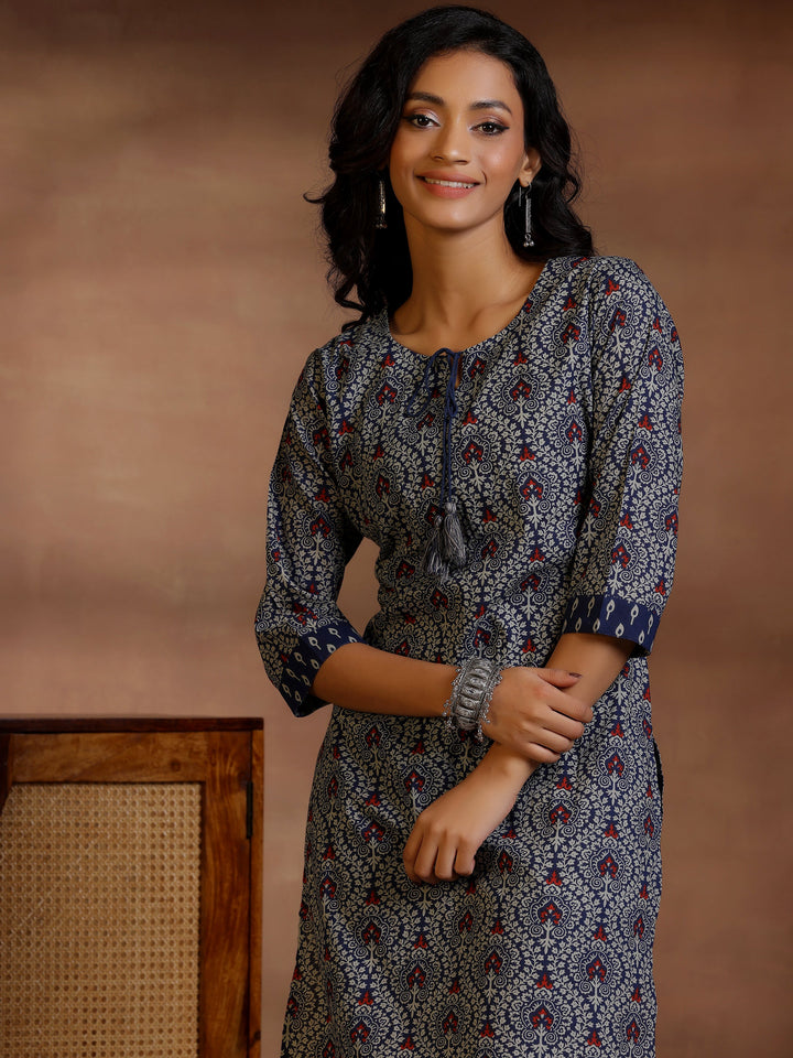 Blue Printed Cotton Straight Kurta Set