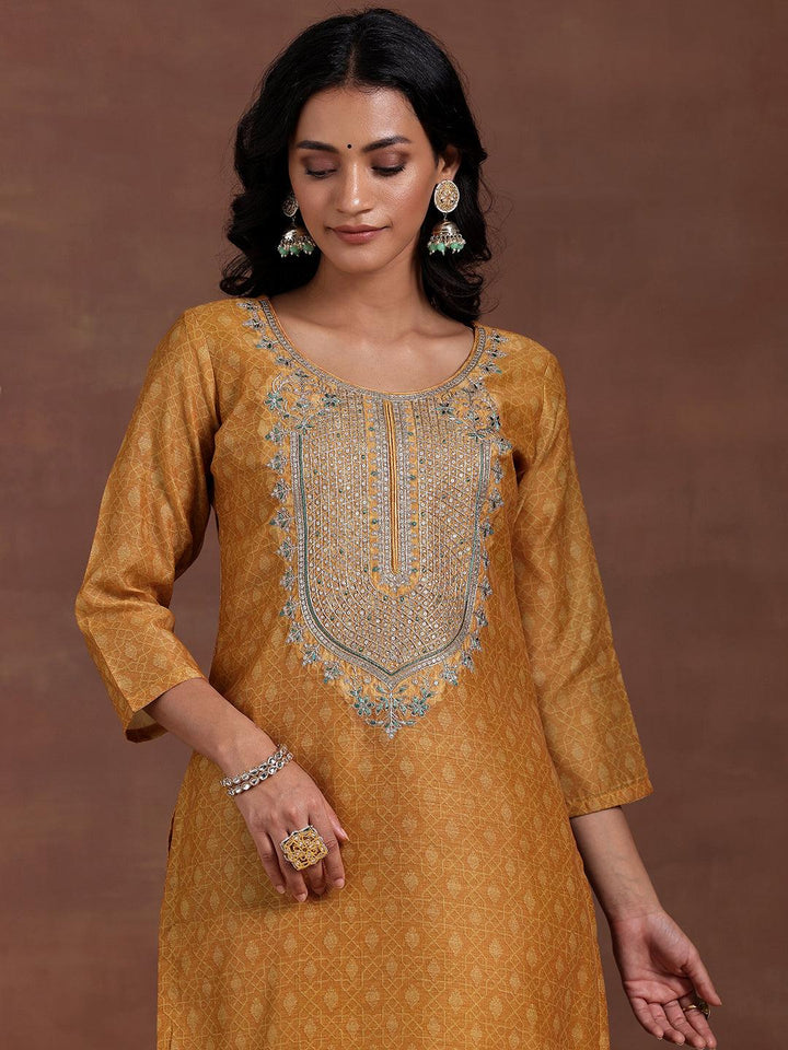 Mustard Printed Silk Blend Straight Suit With Dupatta