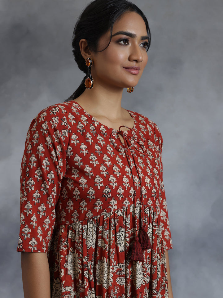 Rust Printed Cotton A-Line Dress