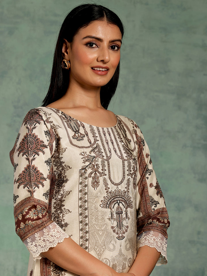 Ivory Printed Silk Blend Straight Suit Set With Dupatta