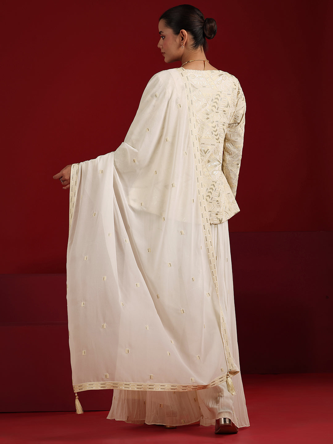 Libas Art Off White Embroidered Georgette A-Line Suit Set With Dupatta