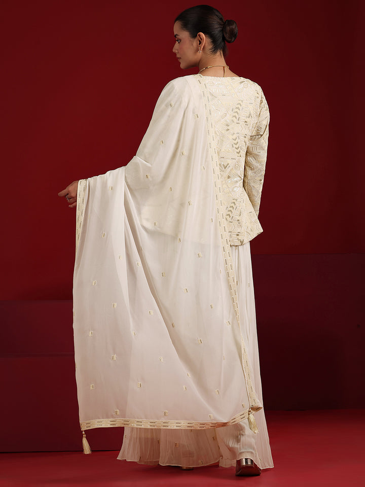 Libas Art Off White Embroidered Georgette A-Line Suit Set With Dupatta